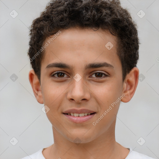 Joyful white child male with short  brown hair and brown eyes