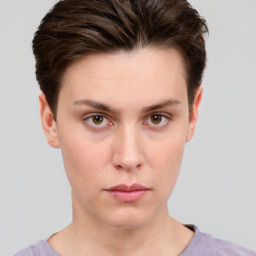 Neutral white young-adult female with short  brown hair and brown eyes