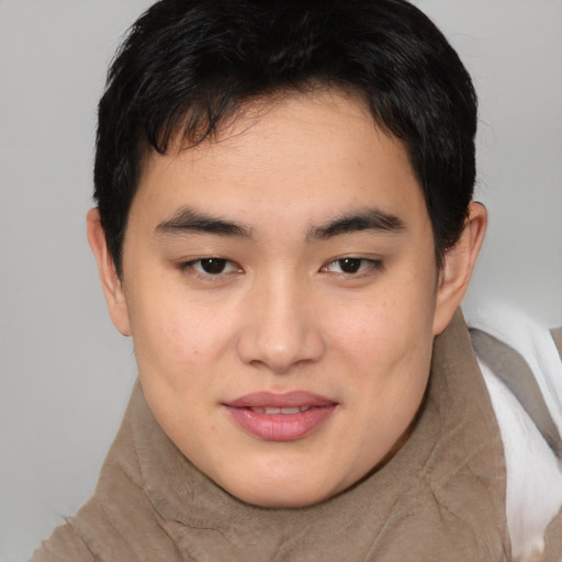 Joyful white young-adult male with medium  brown hair and brown eyes
