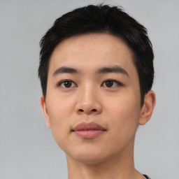 Neutral asian young-adult male with short  black hair and brown eyes