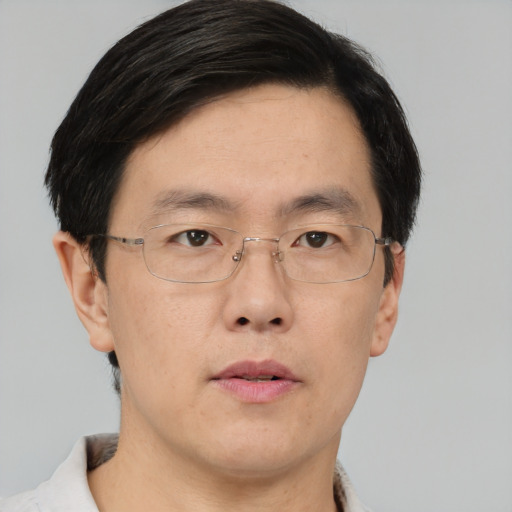 Neutral asian adult male with short  brown hair and brown eyes