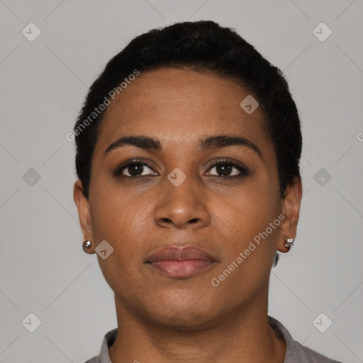 Neutral black young-adult female with short  black hair and brown eyes