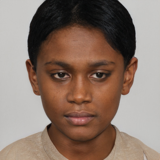 Neutral black young-adult female with short  black hair and brown eyes