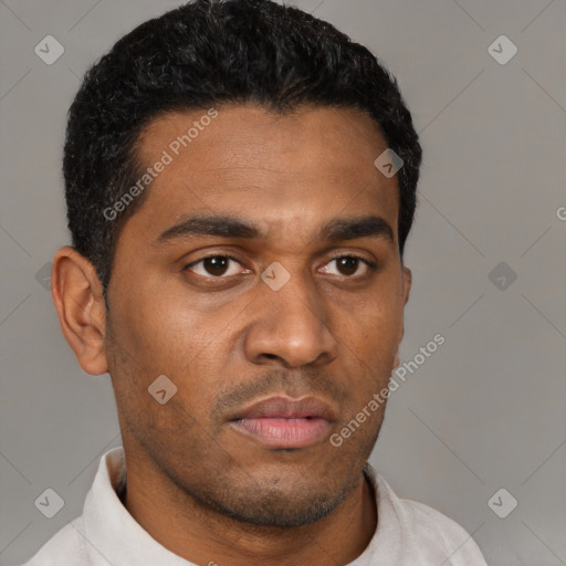 Neutral latino young-adult male with short  black hair and brown eyes