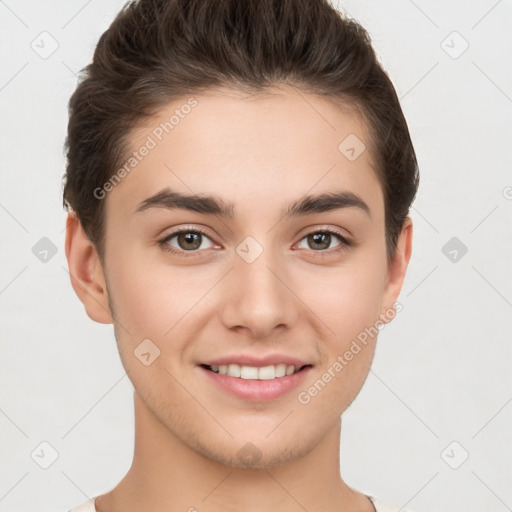 Joyful white young-adult female with short  brown hair and brown eyes