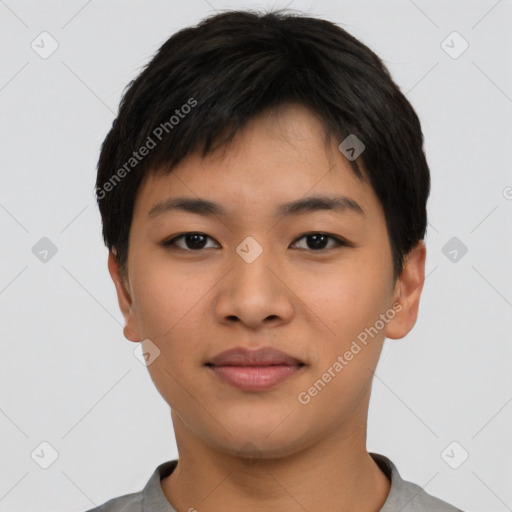 Joyful asian young-adult female with short  black hair and brown eyes