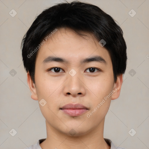 Neutral asian young-adult male with short  black hair and brown eyes