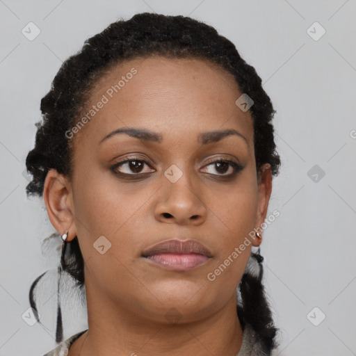 Neutral black young-adult female with short  black hair and brown eyes