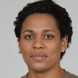 Neutral black young-adult female with short  black hair and brown eyes
