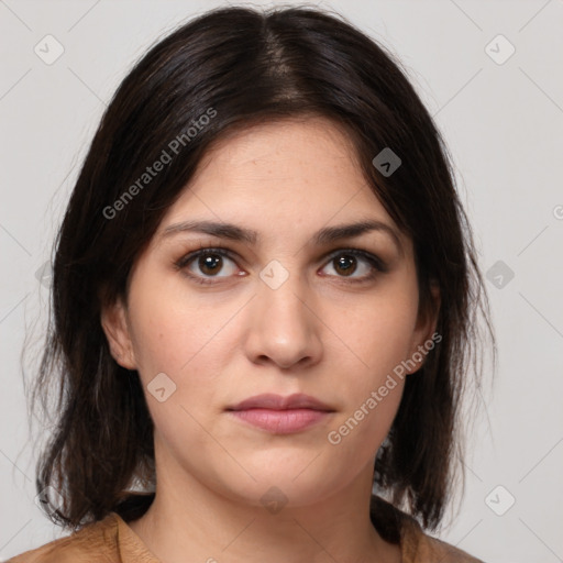 Neutral white young-adult female with medium  brown hair and brown eyes