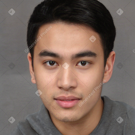 Neutral white young-adult male with short  black hair and brown eyes