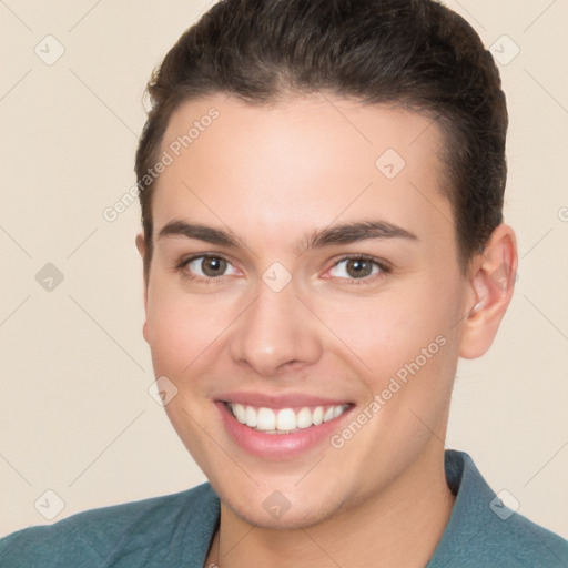 Joyful white young-adult female with short  brown hair and brown eyes