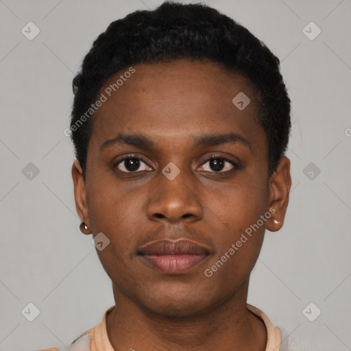 Neutral black young-adult male with short  black hair and brown eyes