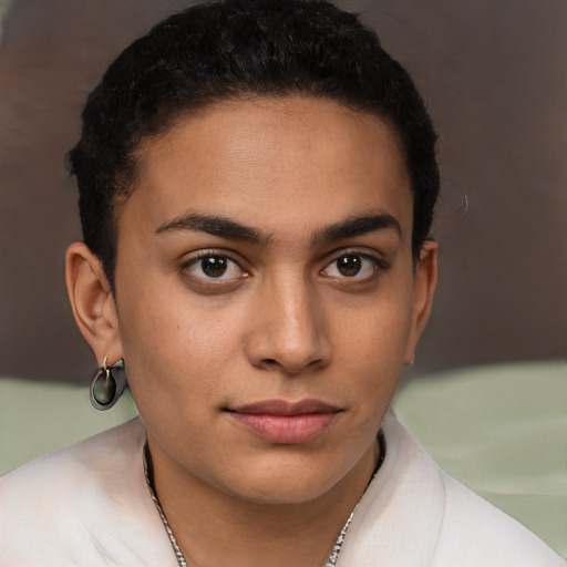 Neutral latino young-adult female with short  brown hair and brown eyes