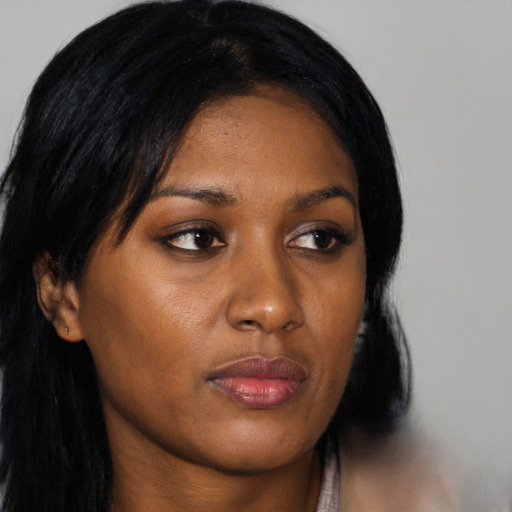 Neutral asian young-adult female with long  black hair and brown eyes