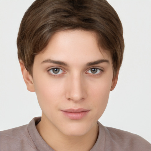 Neutral white young-adult female with short  brown hair and brown eyes