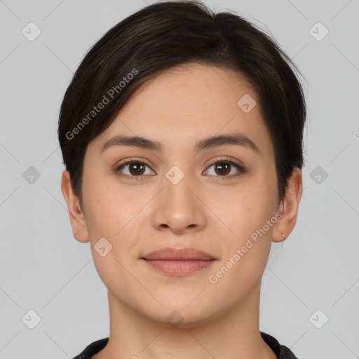 Joyful white young-adult female with short  brown hair and brown eyes