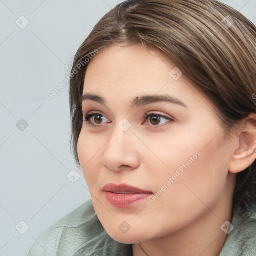 Neutral white young-adult female with medium  brown hair and brown eyes