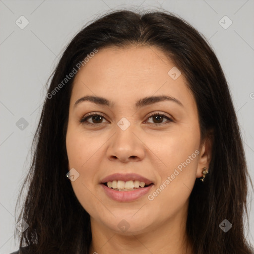 Joyful white young-adult female with long  brown hair and brown eyes