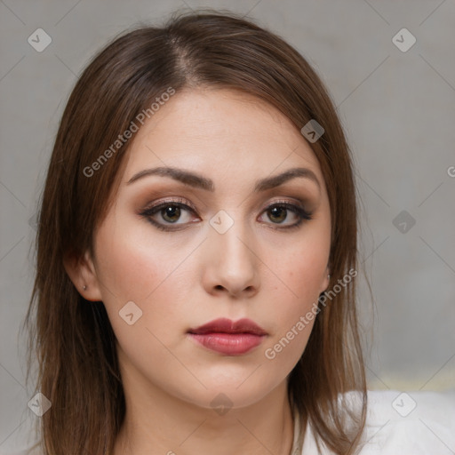 Neutral white young-adult female with medium  brown hair and brown eyes