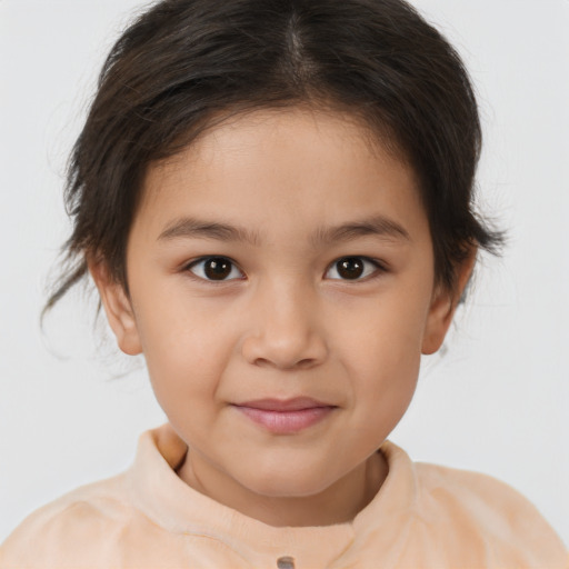 Joyful white child female with medium  brown hair and brown eyes