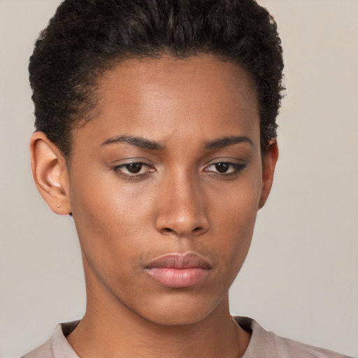 Neutral black young-adult female with short  brown hair and brown eyes