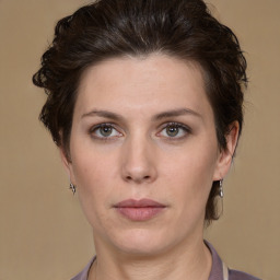 Neutral white young-adult female with short  brown hair and brown eyes