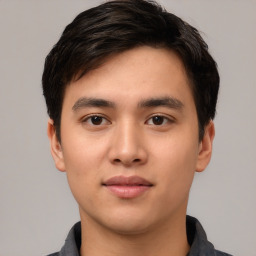 Neutral white young-adult male with short  black hair and brown eyes