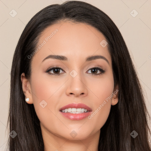 Joyful white young-adult female with long  black hair and brown eyes