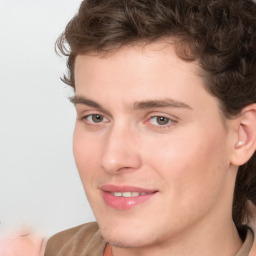 Joyful white young-adult male with medium  brown hair and brown eyes