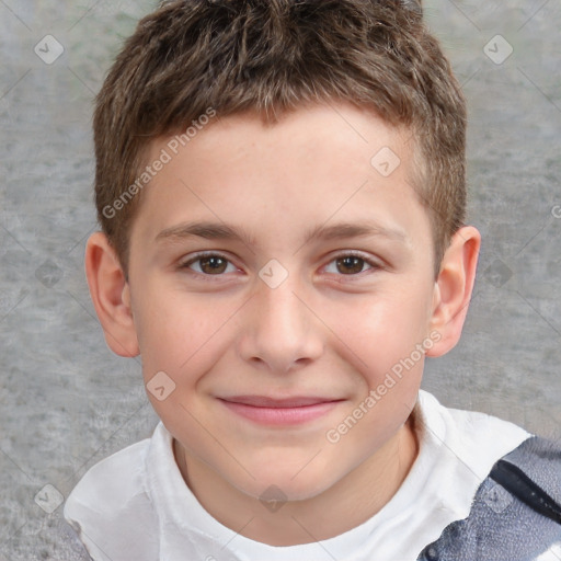 Joyful white child male with short  brown hair and brown eyes