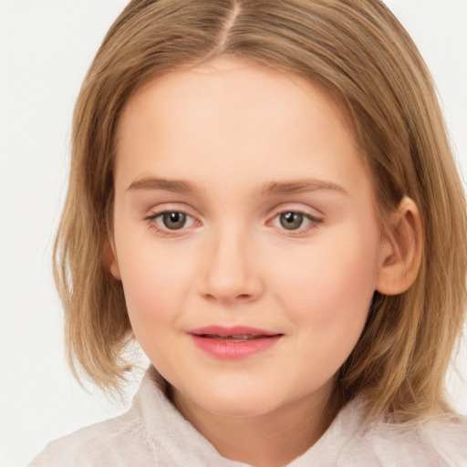 Joyful white child female with medium  brown hair and brown eyes