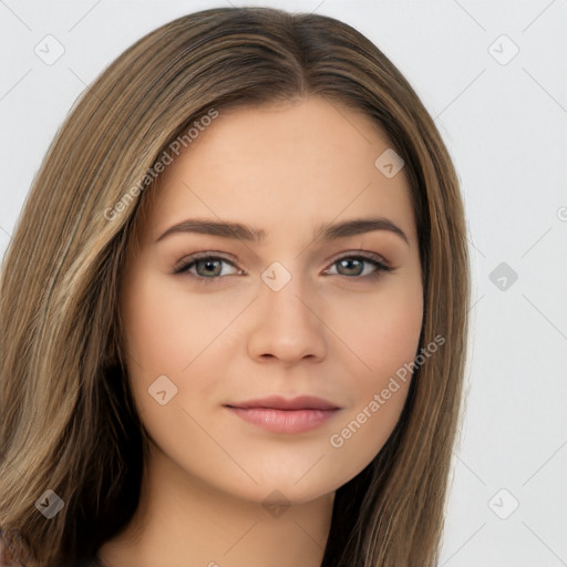 Neutral white young-adult female with long  brown hair and brown eyes