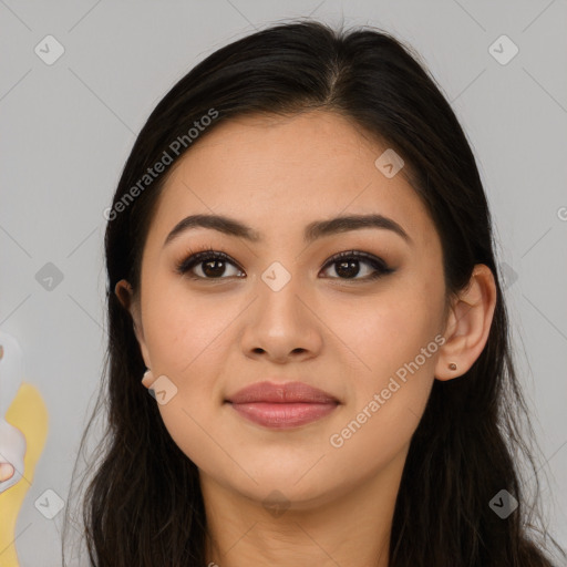 Joyful asian young-adult female with long  brown hair and brown eyes