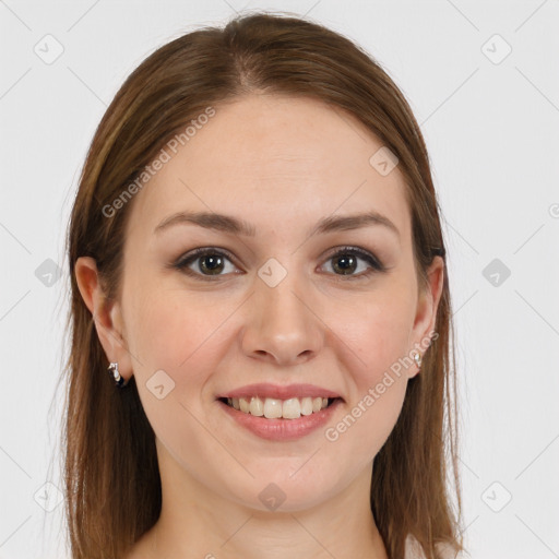 Joyful white young-adult female with long  brown hair and grey eyes