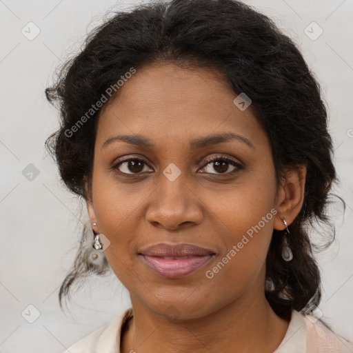 Joyful black young-adult female with medium  brown hair and brown eyes