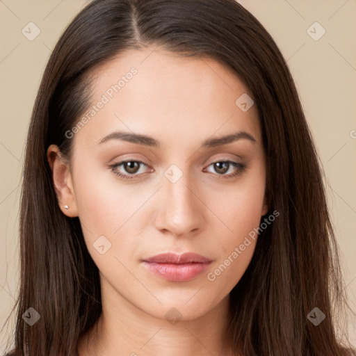 Neutral white young-adult female with long  brown hair and brown eyes