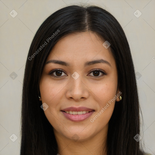 Joyful asian young-adult female with long  brown hair and brown eyes