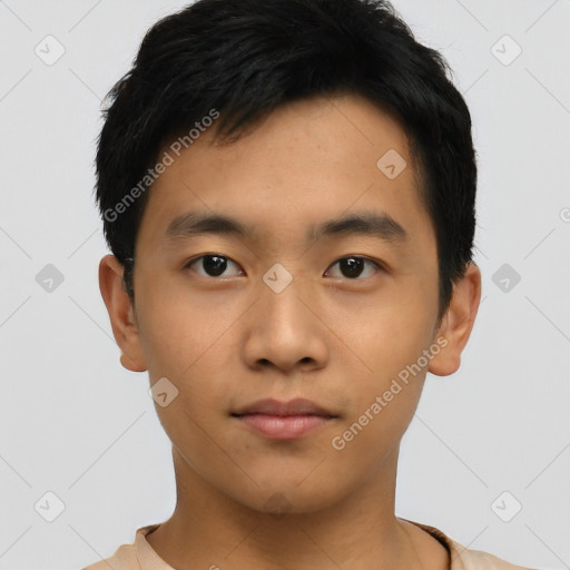 Neutral asian young-adult male with short  black hair and brown eyes