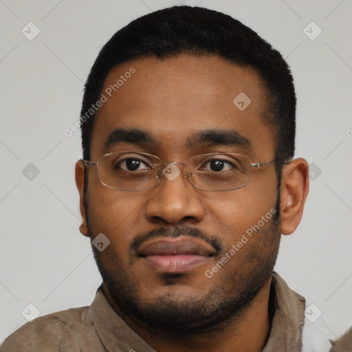 Neutral black young-adult male with short  black hair and brown eyes
