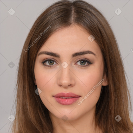 Neutral white young-adult female with long  brown hair and brown eyes