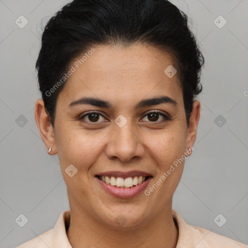 Joyful latino young-adult female with short  brown hair and brown eyes