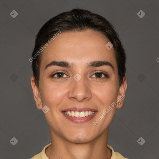 Joyful white young-adult female with short  brown hair and brown eyes