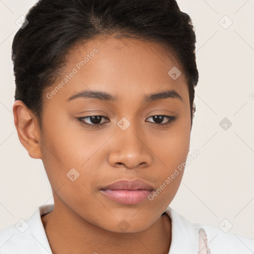 Joyful latino young-adult female with short  brown hair and brown eyes