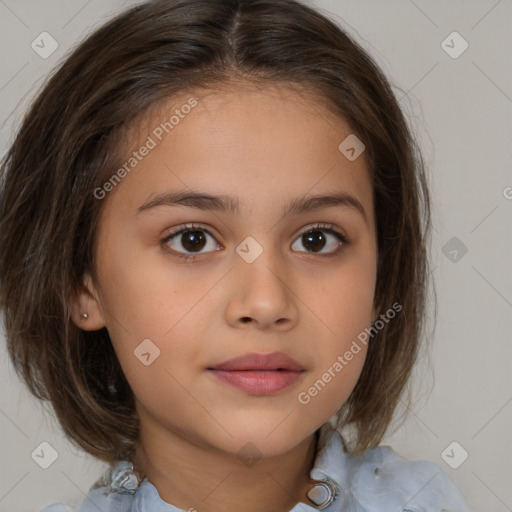 Joyful white child female with medium  brown hair and brown eyes