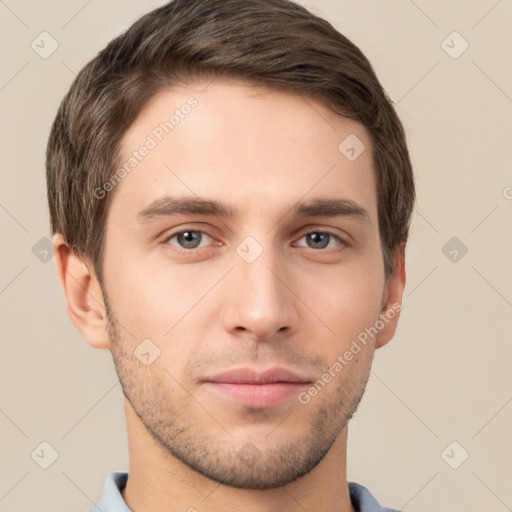 Neutral white young-adult male with short  brown hair and brown eyes