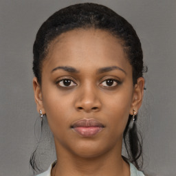 Neutral black young-adult female with short  brown hair and brown eyes