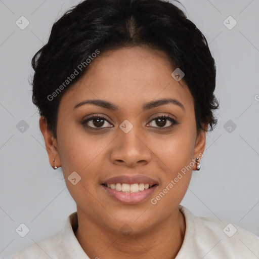 Joyful latino young-adult female with short  brown hair and brown eyes