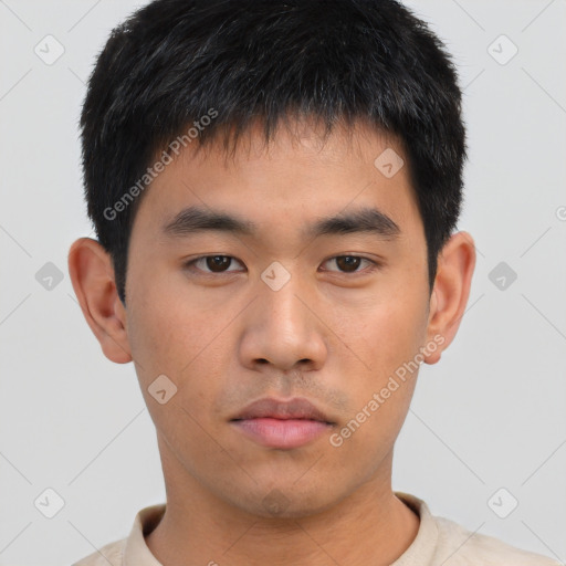 Neutral asian young-adult male with short  brown hair and brown eyes