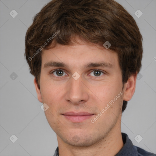 Neutral white young-adult male with short  brown hair and brown eyes